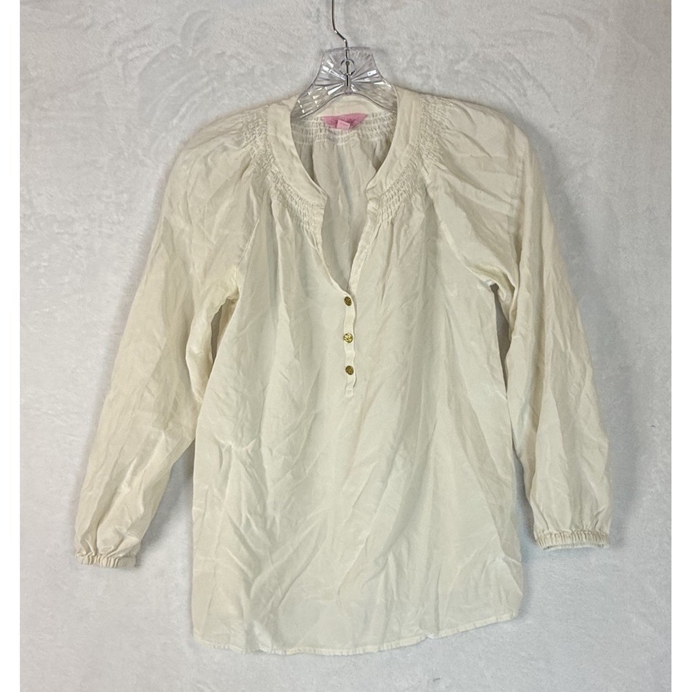 Lilly Pulitzer Silk Blouse S‎ Ivory Boho Peasant Top Smocked Lightweight Shirred